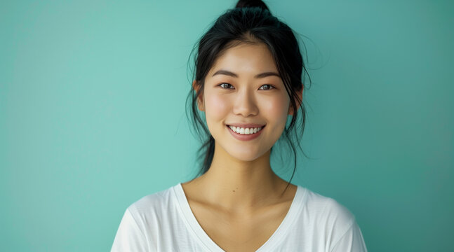 Beautiful smiling asianwoman 28 years old with black hair, white v-neck women's t-shirt