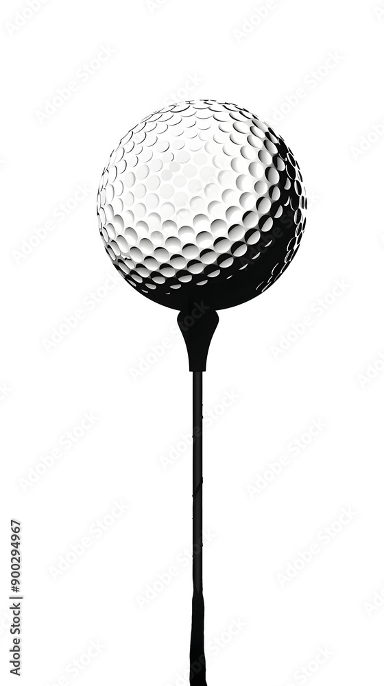 Poster golf ball on a peg in the grass, vector black mohochrome silhouette on the white background