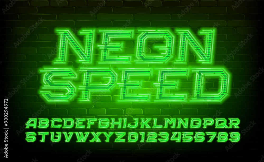 Fototapete neon speed alphabet font. green neon letters and numbers with speed effect. stock vector typescript 