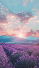 Fototapeta premium Landscape with violet lavender flower field at sunset. The enchanting beauty of Lavender Fields