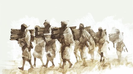 Israelites carrying acacia wood for the tabernacle, bold sketch, minimalist approach, soft beige, boho style, Biblical Illustration for Exodus