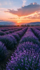 Naklejka premium Landscape with violet lavender flower field at sunset. The enchanting beauty of Lavender Fields