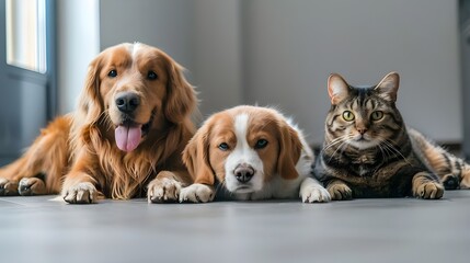 Golden Retriever, Beagle and Tabby Cat Posing Together
