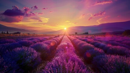 Landscape with violet lavender flower field at sunset. The enchanting beauty of Lavender Fields