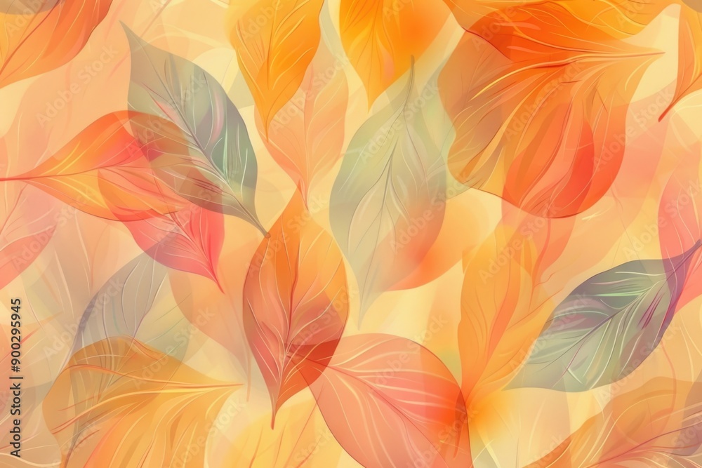 Poster A group of vibrant leaves arranged on a bright yellow surface, ideal for use in design projects or as a decorative element