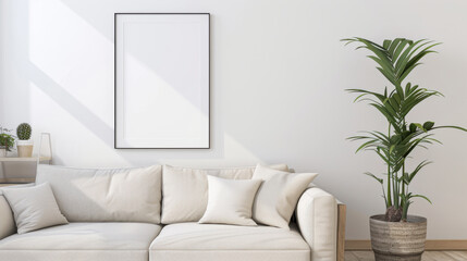 Minimalist living room with cozy sofa, indoor plants, and a mockup blank picture frame on the wall, featuring natural light and modern decor.