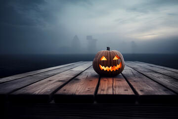 Glowing jack-o-lantern on wooden pier with dense fog and dark water background sets haunting Halloween mood. Perfect for festive themes and events