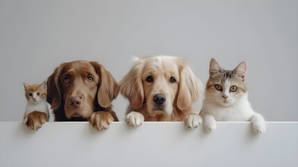 Adorable Pets: A Golden Retriever, Chocolate Lab, and Kitten Looking Over a White Wall
