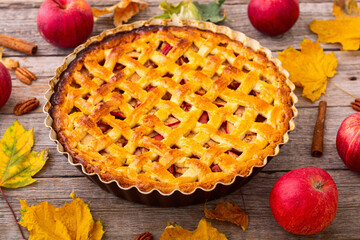 Homemade autumn apple pie . Traditional Thanksgiving day dessert