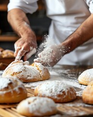 A baker sprinkles flour over freshly baked bread, capturing the artistry of bread-making in a cozy kitchen setting.