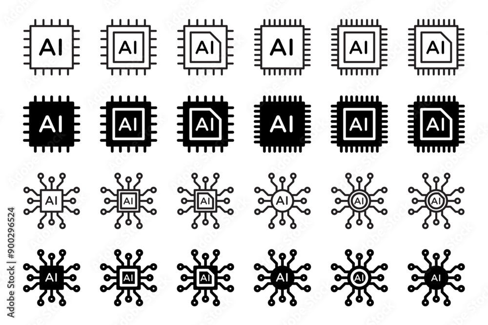 Poster ai chip vector icon set. computer semiconductor microchip symbol. futuristic hardware cpu circuit sign. artificial intelligence chip icon.
