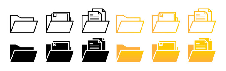 Folder file icon set. computer folder in outline and solid style in black and yellow colors.