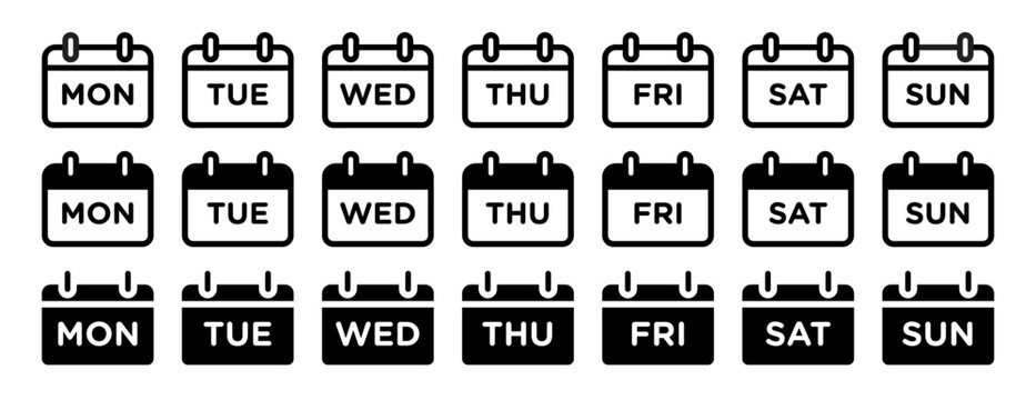 weekend calendar icon set. everyday or daily calendar sign. Monday, Tuesday, Wednesday, Thursday, Friday, Saturday, and Sunday. Mon, Tue, Wed, Thu, Fri, Sat, and Sun.