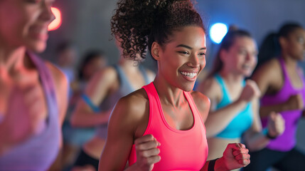 A high-energy group fitness class, each participant wearing wearable fitness devices and monitoring their heart rates