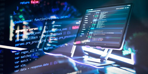 Program code on a computer monitor with fiber optic background. Internet and technology concept....