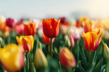 A vibrant tulip field bathed in sunlight filtering through