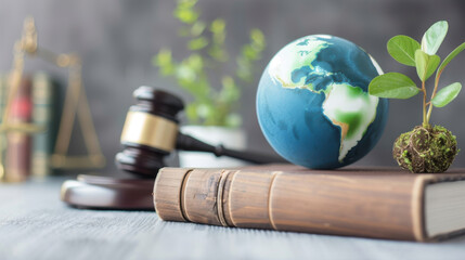 A gavel rests on a book beside a globe and plants, symbolizing environmental law and global justice concepts.