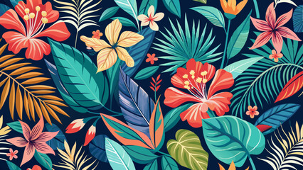 floral vector seamless pattern with blooming hibiscus and leaves. floral pattern textile tropical bicolor flowers and leaves © Damini
