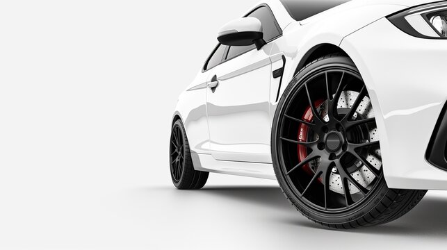White car with black rims The car is on the right side of the picture, with a close-up of the wheel and bodywork. White background. Parked car with focus on the right rim and rear wheel. - Powered by Adobe
