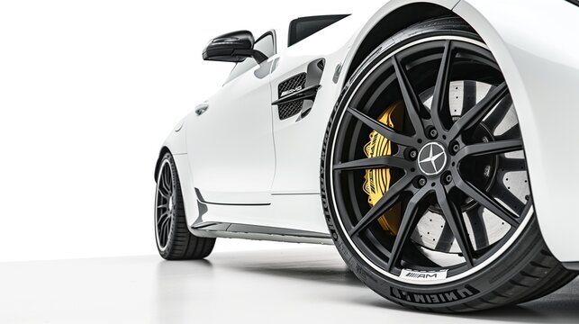 White car with black rims The car is on the right side of the picture, with a close-up of the wheel and bodywork. White background. Parked car with focus on the right rim and rear wheel.