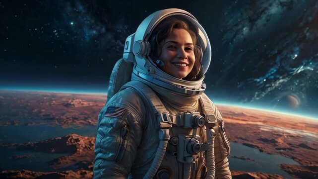 Female Astronaut in Space Suit With American Flag Patch Standing on a Red Planet