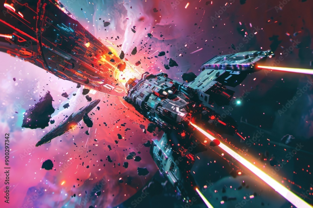 Poster A sci-fi scene with a spaceship in the foreground and another one in the background
