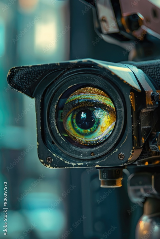 Poster a detailed view of a camera lens with a unique green eye feature, suitable for technology and photog