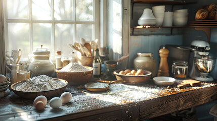 Fototapeta premium Cozy Kitchen with Non-GMO Flour and Baking Ingredients on Rustic Table