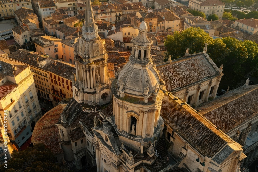 Poster aerial shot of a city with a prominent clock tower in the center, ideal for urban or architecture-re
