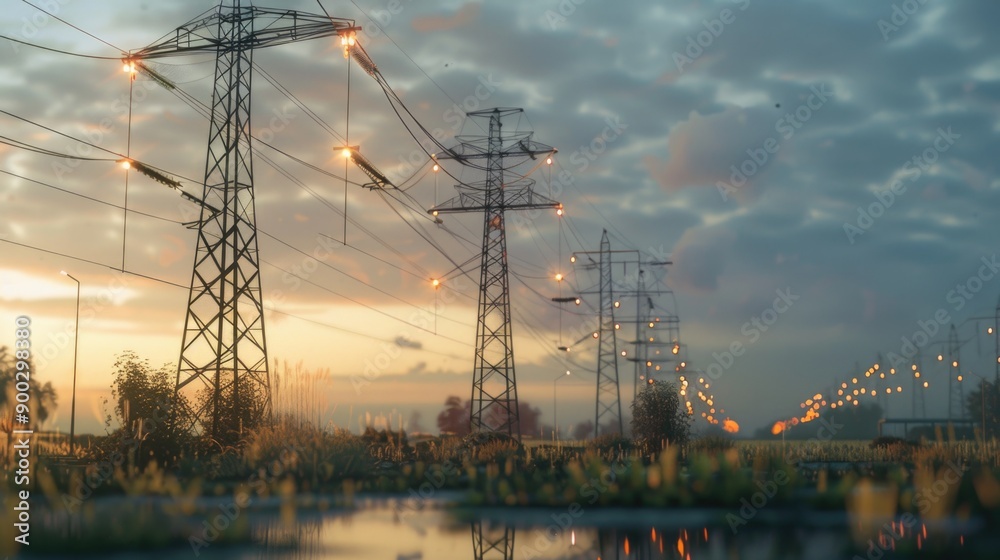 Poster A serene body of water with power lines visible in the background, suitable for use in environmental or infrastructure-related projects