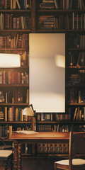 Create a high-quality image of a cozy and rustic library interior featuring an empty poster mockup for copy space.
