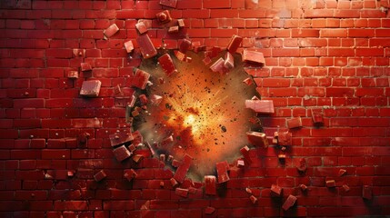 Dynamic Explosion Breaking Through Red Brick Wall with Flying Debris and Fiery Burst