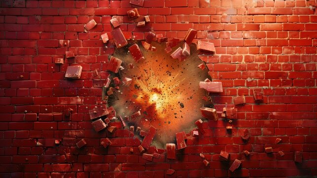 Dynamic Explosion Breaking Through Red Brick Wall with Flying Debris and Fiery Burst