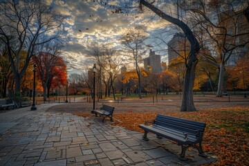 A traditional wooden park bench sits in the middle of a green park, surrounded by lush trees and walking paths