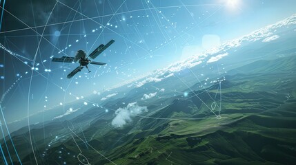 A stunning view of a satellite in orbit, capturing the beauty of Earth and sky with digital data overlay, symbolizing technology and exploration.