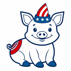 Vector Line Art of an American Cute Little Pig in USA Patriotic Hat on White Background

