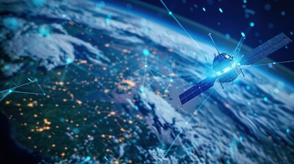 A stunning view of Earth from space, featuring a satellite and glowing connections, showcasing technology and interconnectedness.