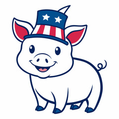 Vector Line Art of an American Cute Little Pig in USA Patriotic Hat on White Background

