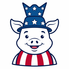 Vector Line Art of an American Cute Little Pig in USA Patriotic Hat on White Background

