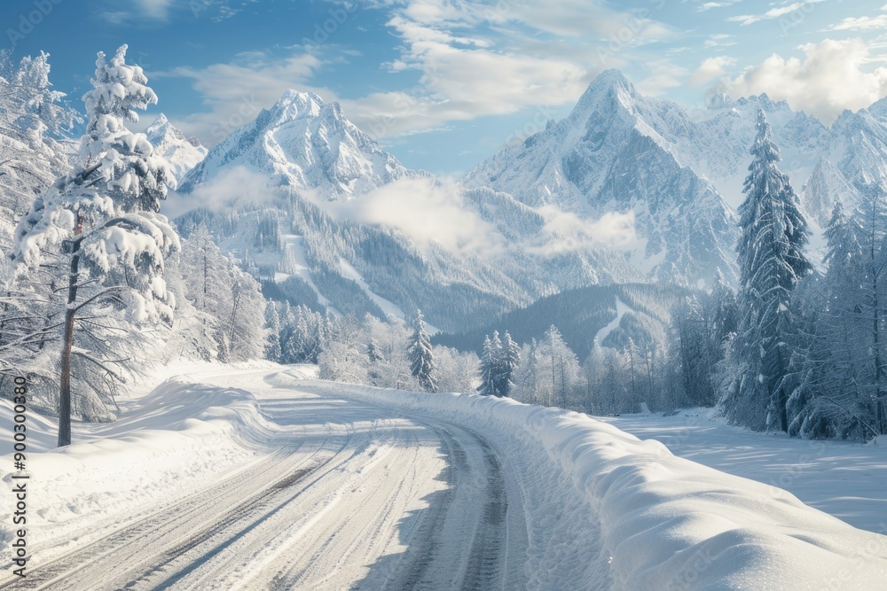 Wall mural Snow-covered road leads up to the base of a snowy mountain