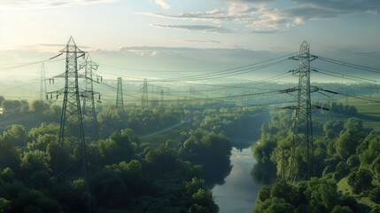 A tranquil landscape with power lines, river, and lush greenery under a misty sky, showcasing the blend of nature and technology.