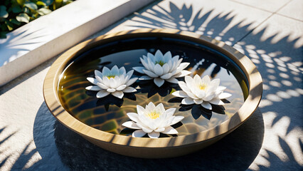 Fototapeta premium Wooden Bowl with White Water Lilies Floating in Water