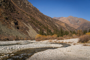The mountain river in the beautiful valley of Ala-Archa Nature Park, Kyrgyzstan, during the beautiful autumn day in Central Asia,
