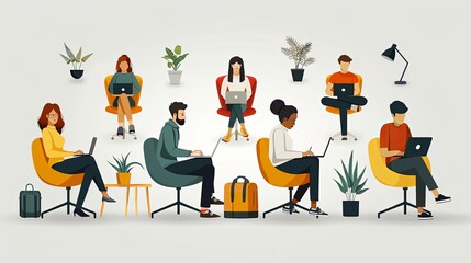 Obraz premium vector, illustration, Working at home, coworking space, concept illustration. Young people, man and woman freelancers working on laptops and computers at home. People at home in quarantine. Vector fla