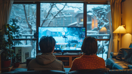 gen z kids watching tv indoor while winter snow outside