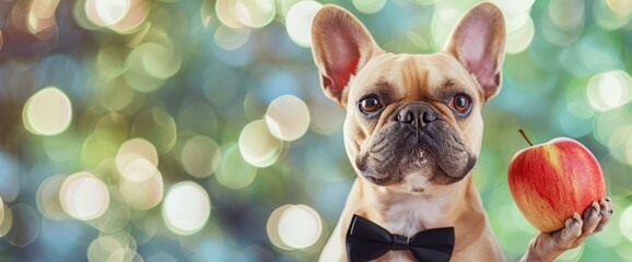 funny dog ginger french bulldog waiter in a black bow tie hold Big apple and show a sign approx. Animal on green bokeh background