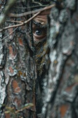 Obraz premium A person's face is seen peeking out from behind a tree, conveying a sense of hiding or secrecy