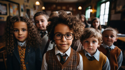 Obraz premium Group of elementary school students standing together in a classroom. photography.