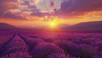 Fototapeta premium Landscape with violet lavender flower field at sunset. The enchanting beauty of Lavender Fields