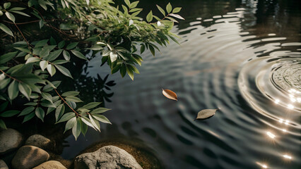Naklejka premium A Single Leaf Floating on Rippling Water with Green Overhanging Branches